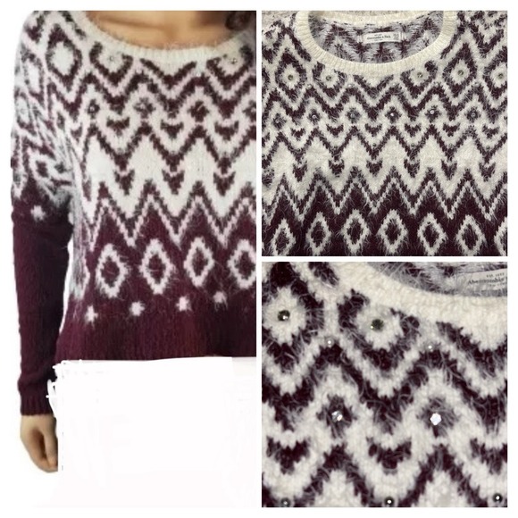 Abercrombie & Fitch Maroon Embellished Eyelash Knit Fuzzy Fair Isle Sweater XS/S - Picture 1 of 10